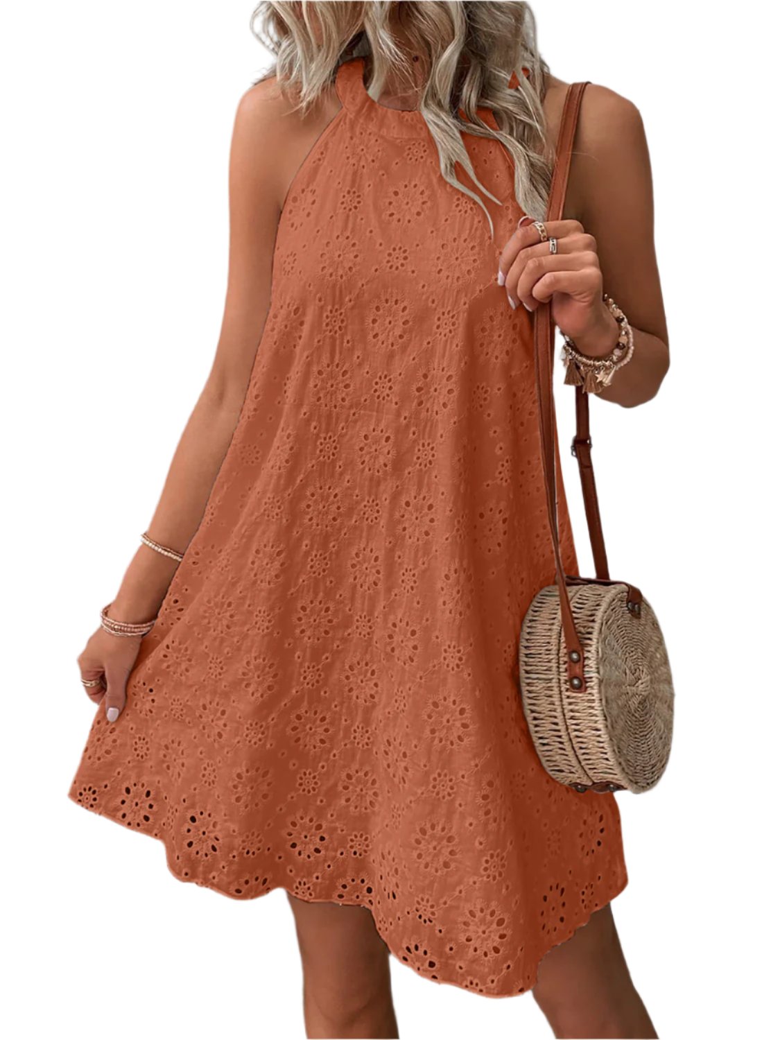 TEEK - Eyelet Grecian Neck Mini Dress DRESS TEEK Trend Terracotta S 