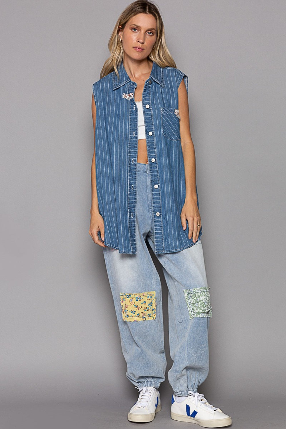 TEEK - Button Down Sleeveless Striped Denim Shirt  TEEK Trend   