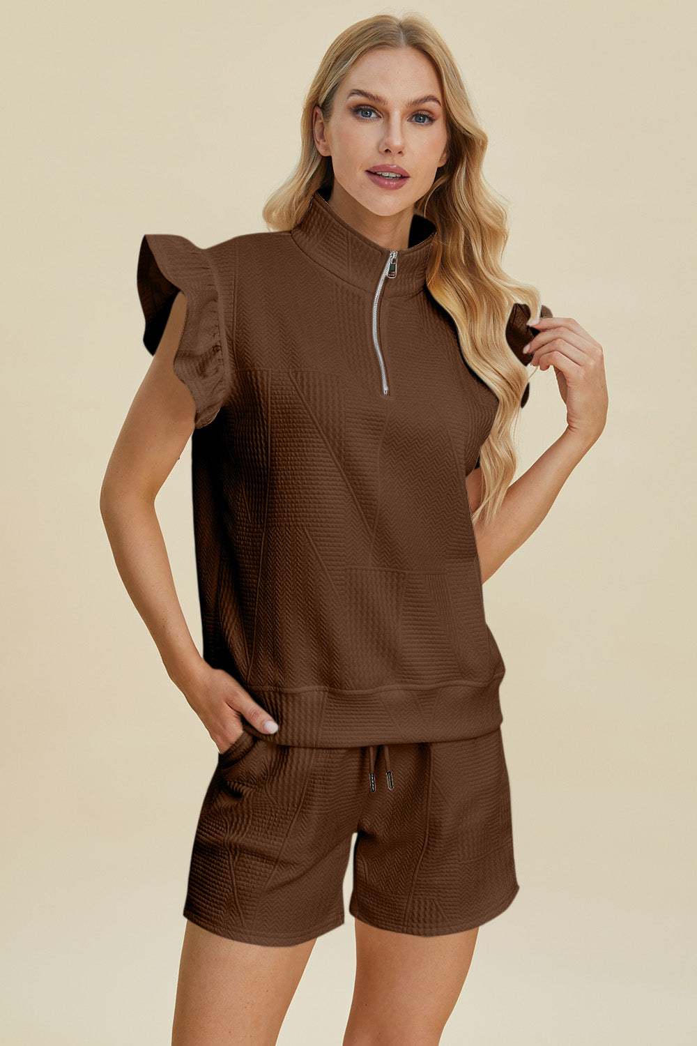 TEEK - Ruffled Textured Sleeve Top Shorts Set SET TEEK Trend Brown S 