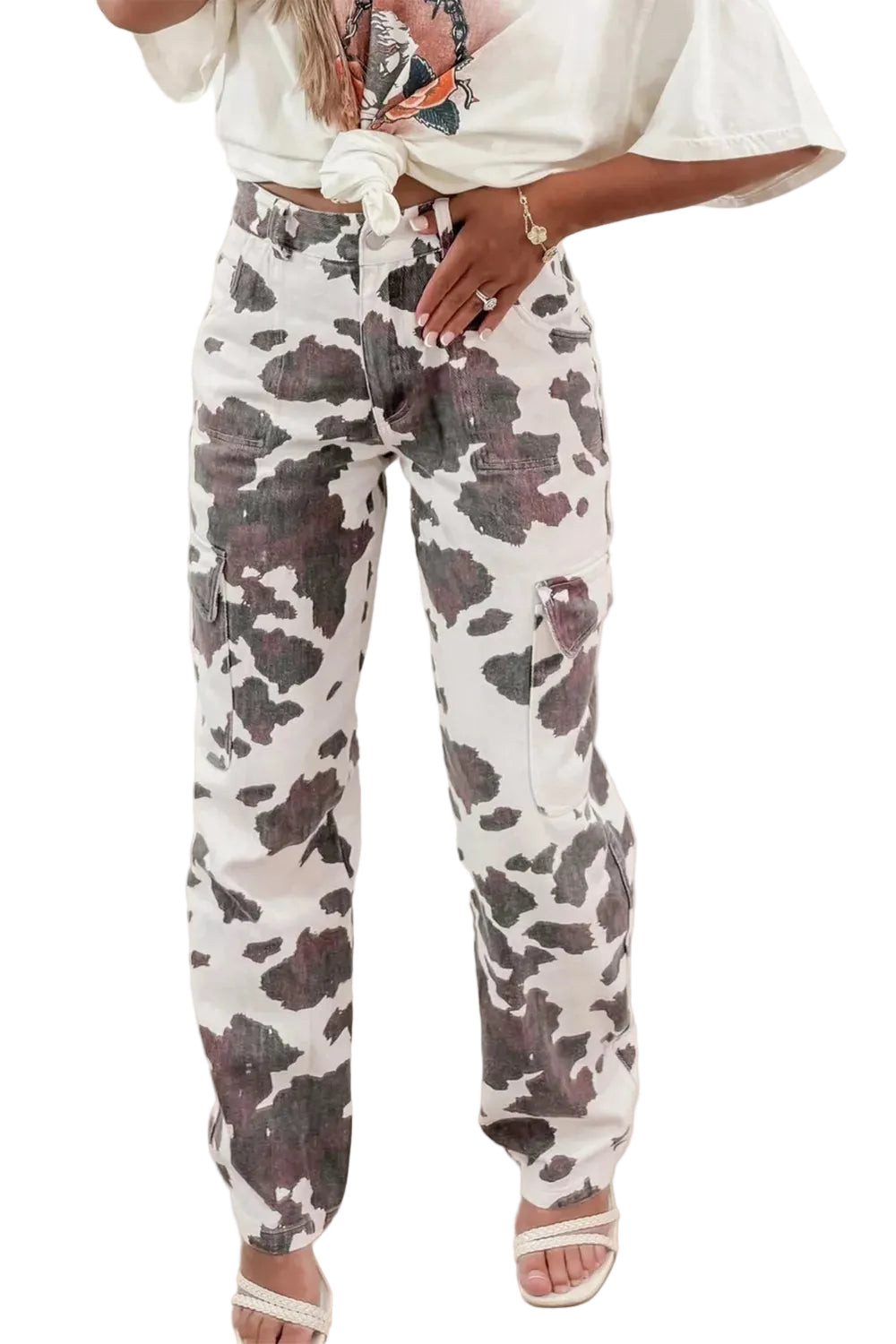 Cow Spots Printed Multi Pocketed Jeans Trendsi Dark Gray 4