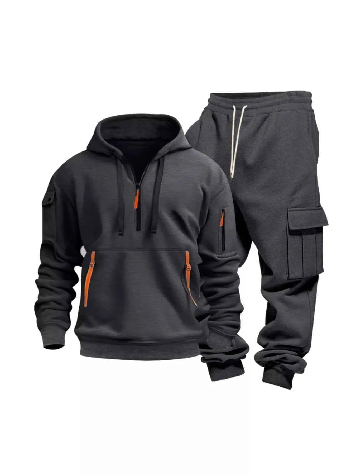 TEEK - Mens Full Size Half Zip Hoodie and Cargo Pants Set SET TEEK Trend