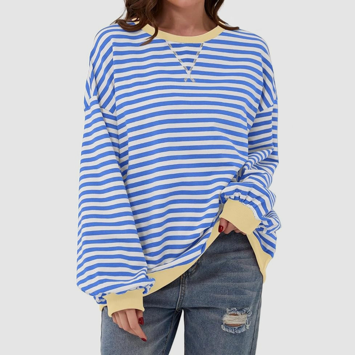 TEEK - Striped Round Neck Long Sleeve Shirt TOPS TEEK Trend Blue S 