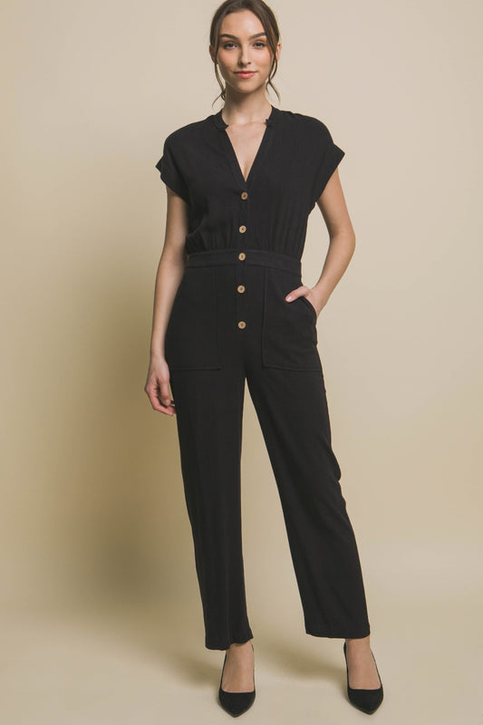 TEEK - Black Button Up Front Pocketed Jumpsuit JUMPSUIT TEEK Trend S  