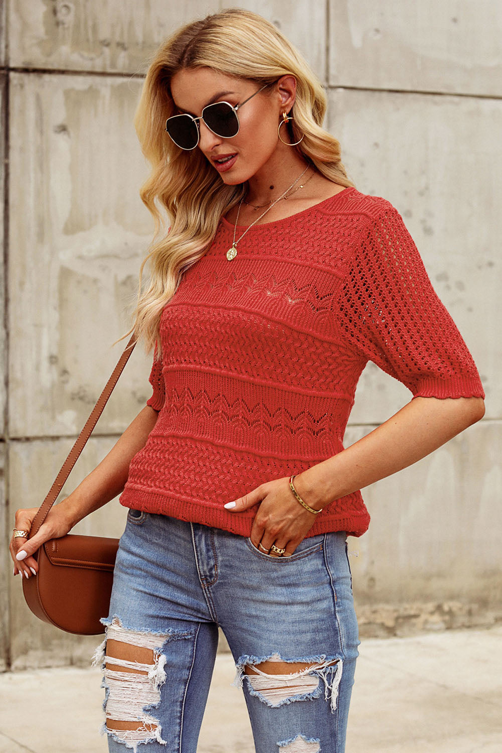 TEEK - Brick Red Open Knit Half Sleeve Knit Top TOPS TEEK Trend   