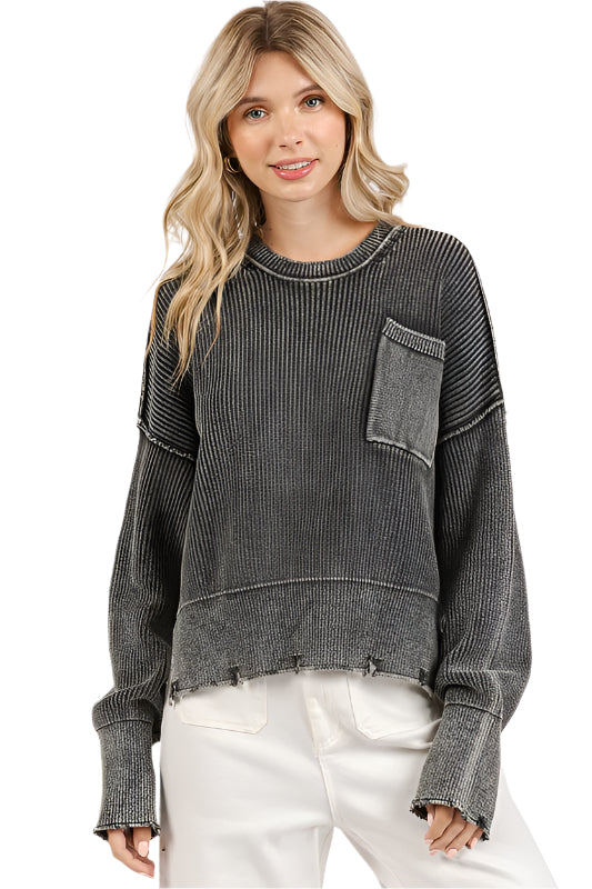 Mittoshop Distressed Hem Round Neck Dropped Shoulder Sweater Trendsi Dark Gray S