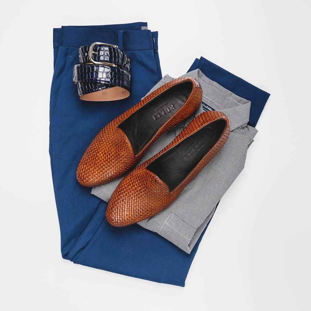 15-211-CGN CESTINO Calfskin Basketweave Slip On, Cognac Shop Zelli Italia