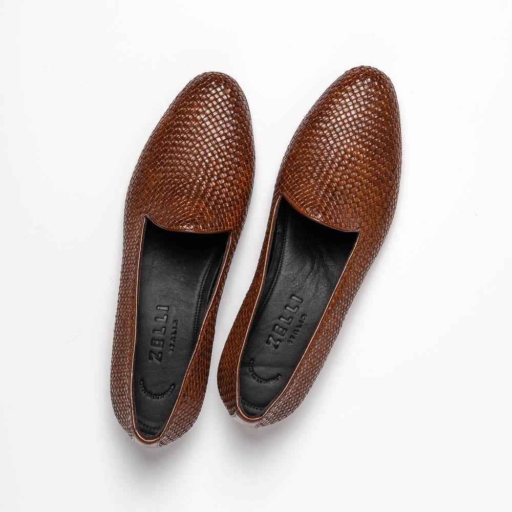 15-211-CGN CESTINO Calfskin Basketweave Slip On, Cognac Shop Zelli Italia