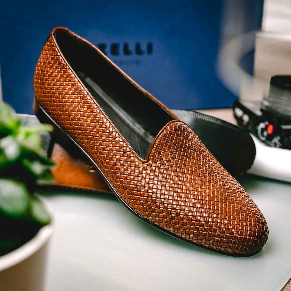 15-211-CGN CESTINO Calfskin Basketweave Slip On, Cognac Shop Zelli Italia