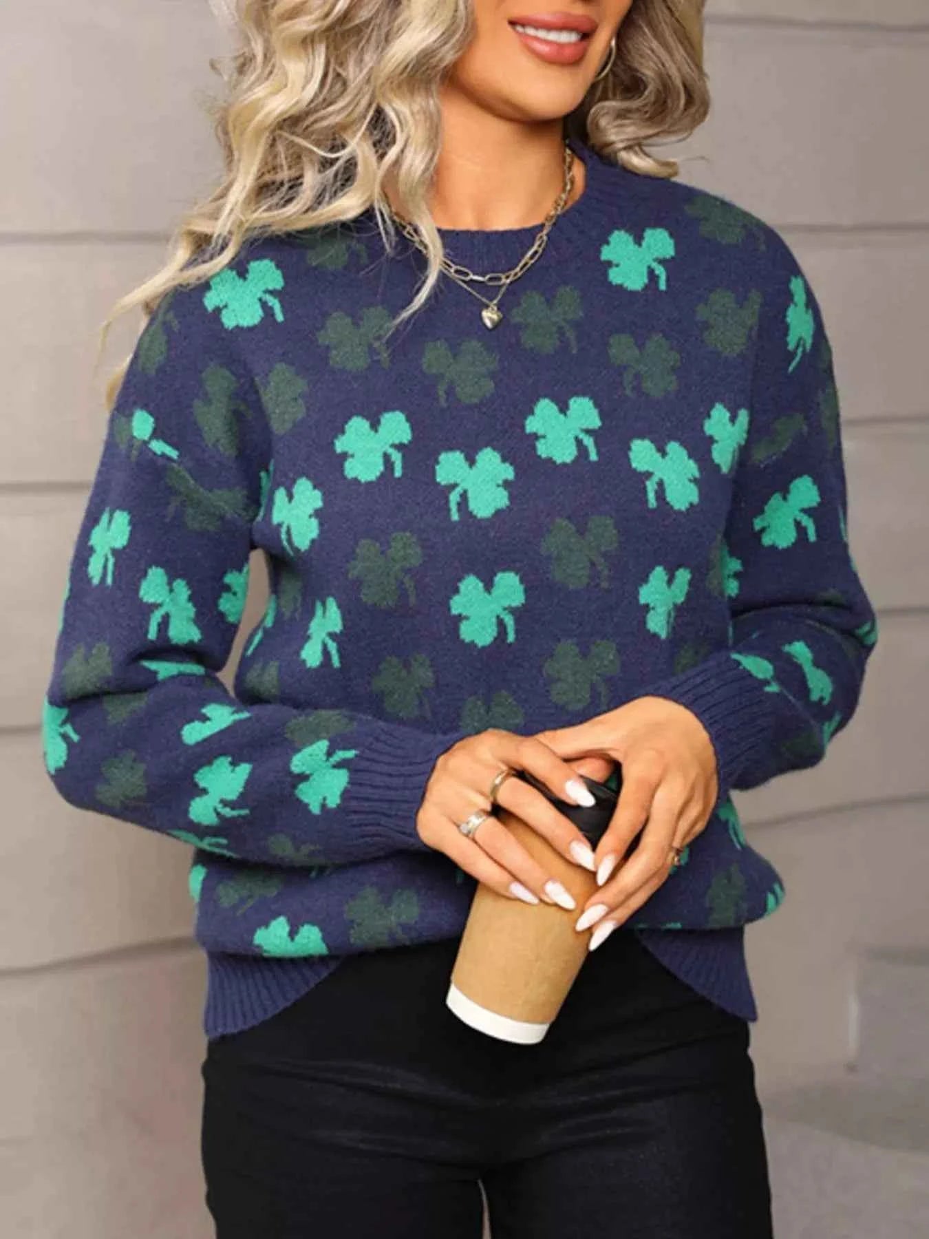 Lucky Clover Crew Neck Sweater Trendsi