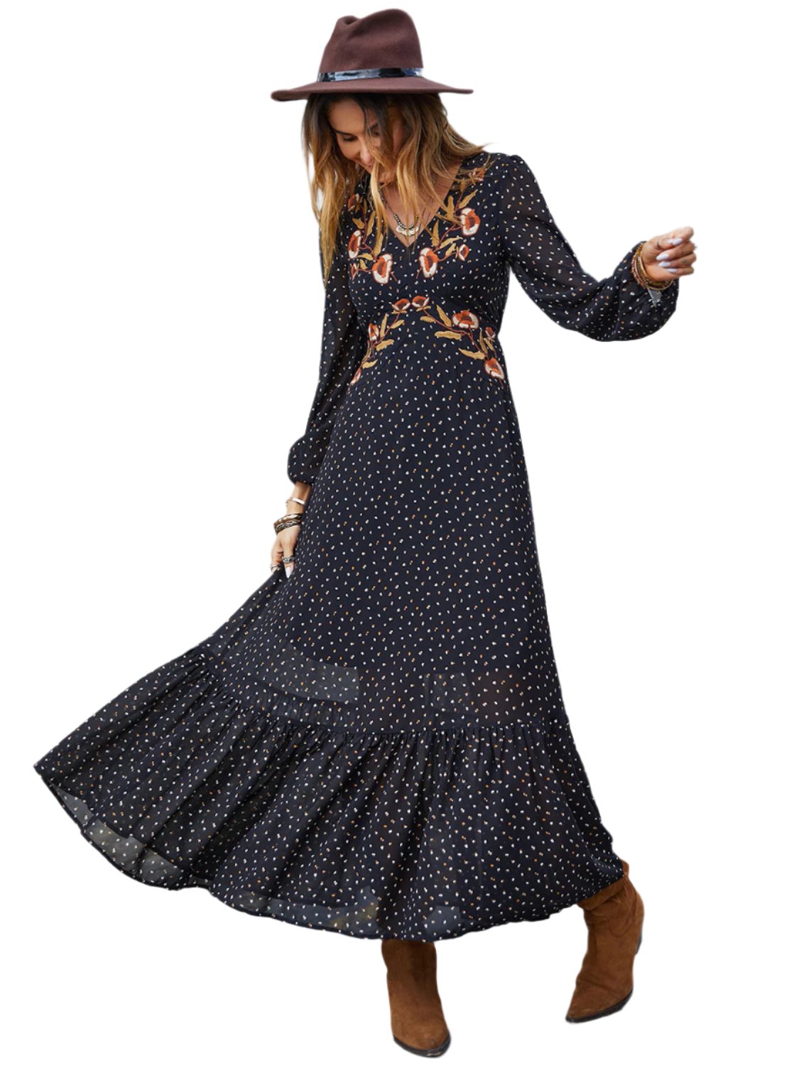 TEEK - Black Embroidered V-Neck Long Sleeve Dress DRESS TEEK Trend S  