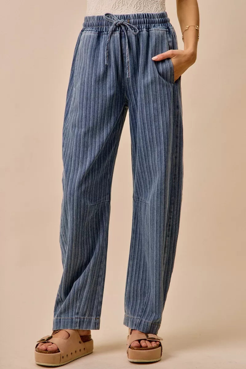 TEEK - Striped Denim Barrel Jeans Drawstring Waistband JEANS TEEK Trend