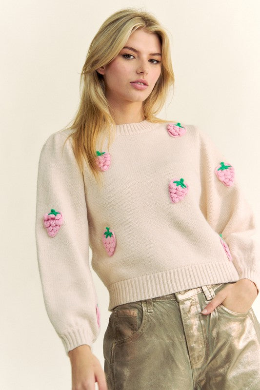 TEEK - Beige Crochet Strawberry Round Neck Sweater TOPS TEEK Trend