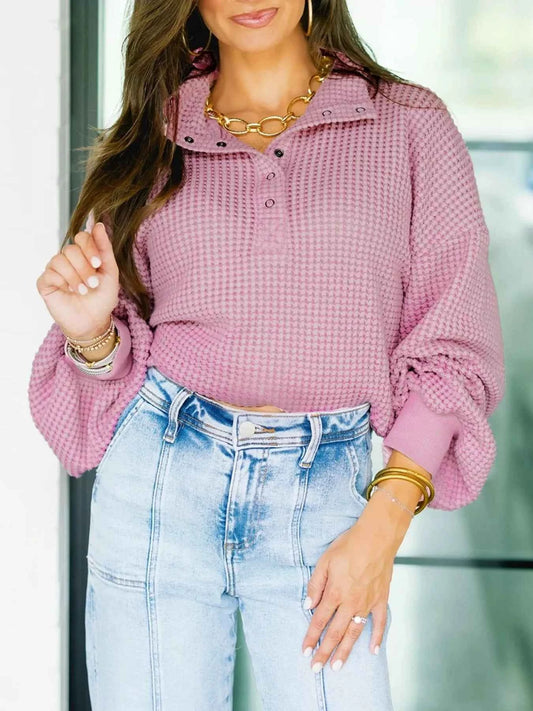Textured Snap Button Collared Baggy Top Trendsi Dusty Pink S