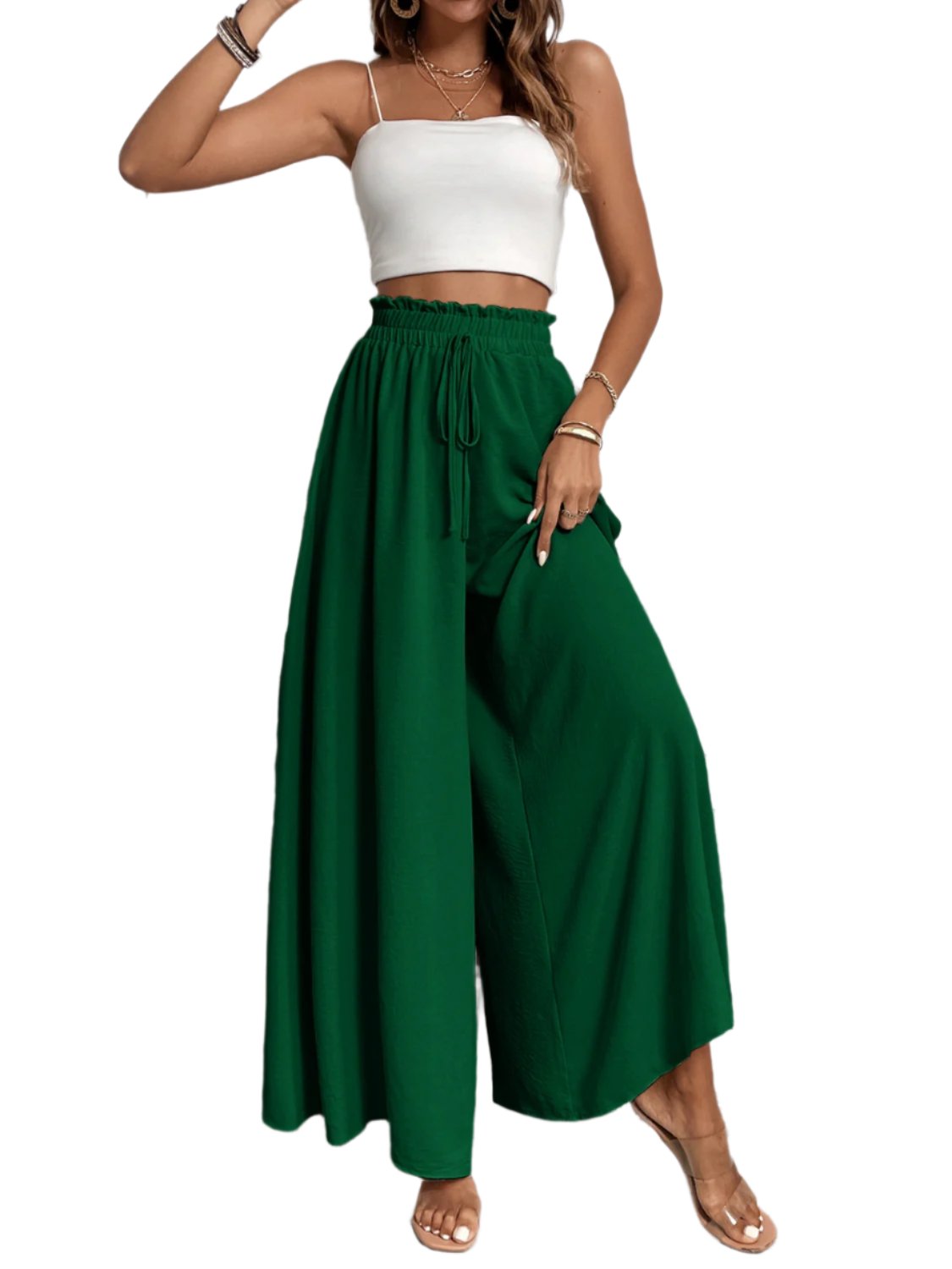 TEEK - Tied High Waist Wide Leg Pants PANTS TEEK Trend Dark Green S 