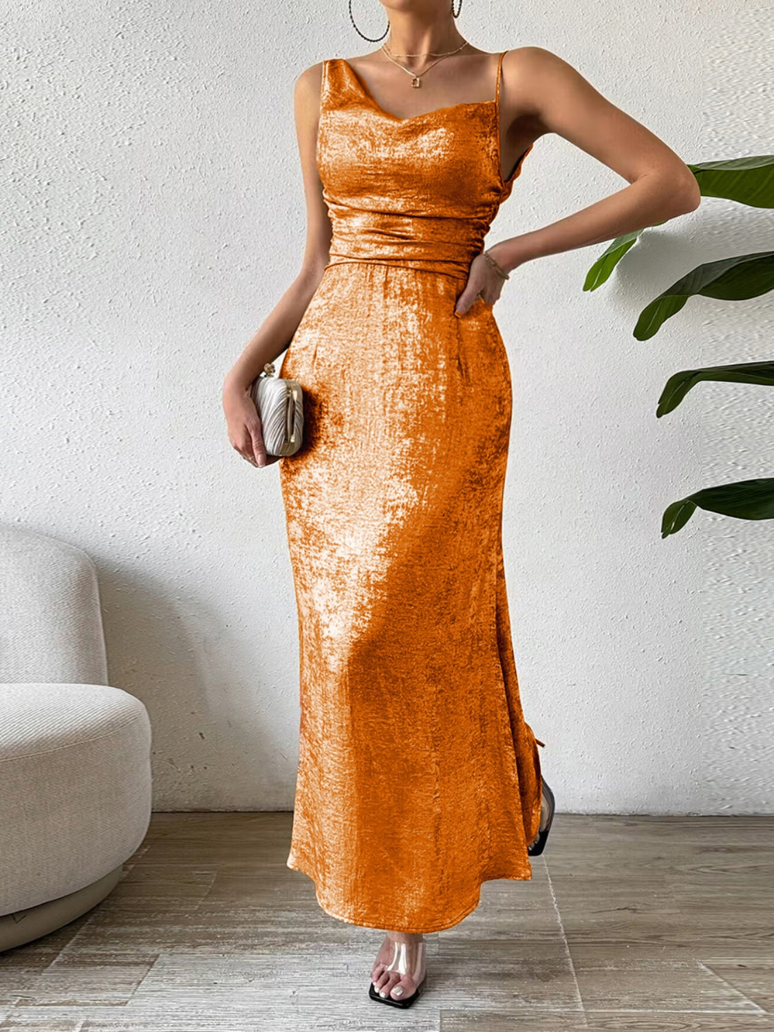 TEEK - Asymmetric Neck Sleeveless Midi Dress DRESS TEEK Trend Orange S 