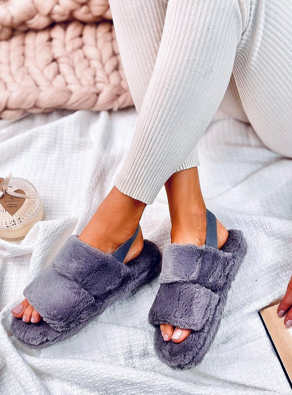 TEEK - Periwinkle Grey Strapped Fluff Slippers SHOES TEEK MH   