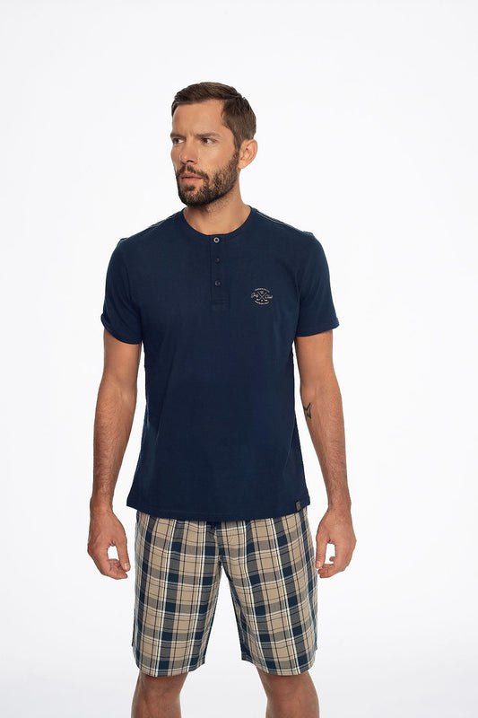 TEEK - Mens Golf Button Top Plaid Shorts Pajamas Set