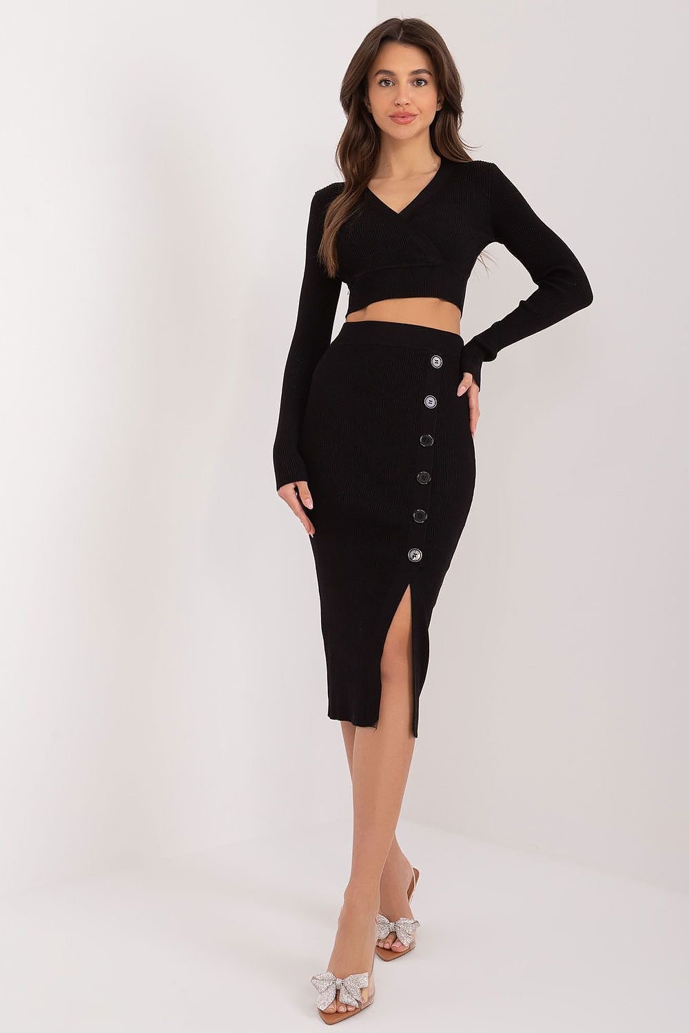 TEEK - Cropped V-Neck Top Button Slit Skirt Set SET TEEK MH black One Size 