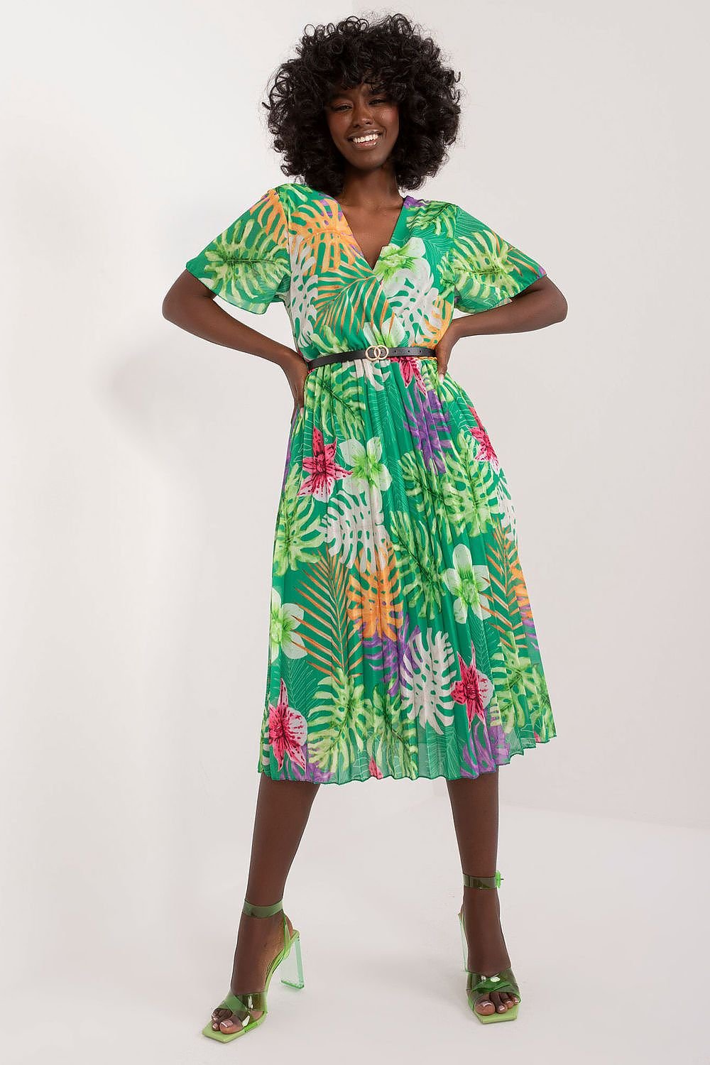 TEEK - Pleated Flowers Belted Dress DRESS TEEK MH green one-size-fits-all 