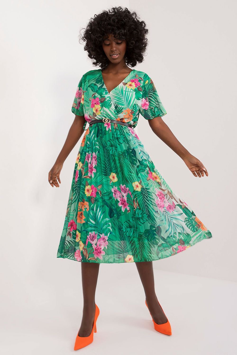 TEEK - Pleated Flowers Belted Dress DRESS TEEK MH green 2 one-size-fits-all 