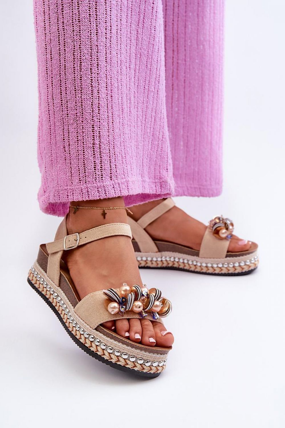 TEEK - Beige Ribbon Beads Buskin Sandals SHOES TEEK MH   