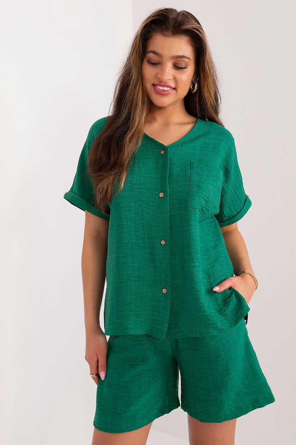 TEEK - Button Up Shirt Pocketed Shorts Set SET TEEK MH green S/M 