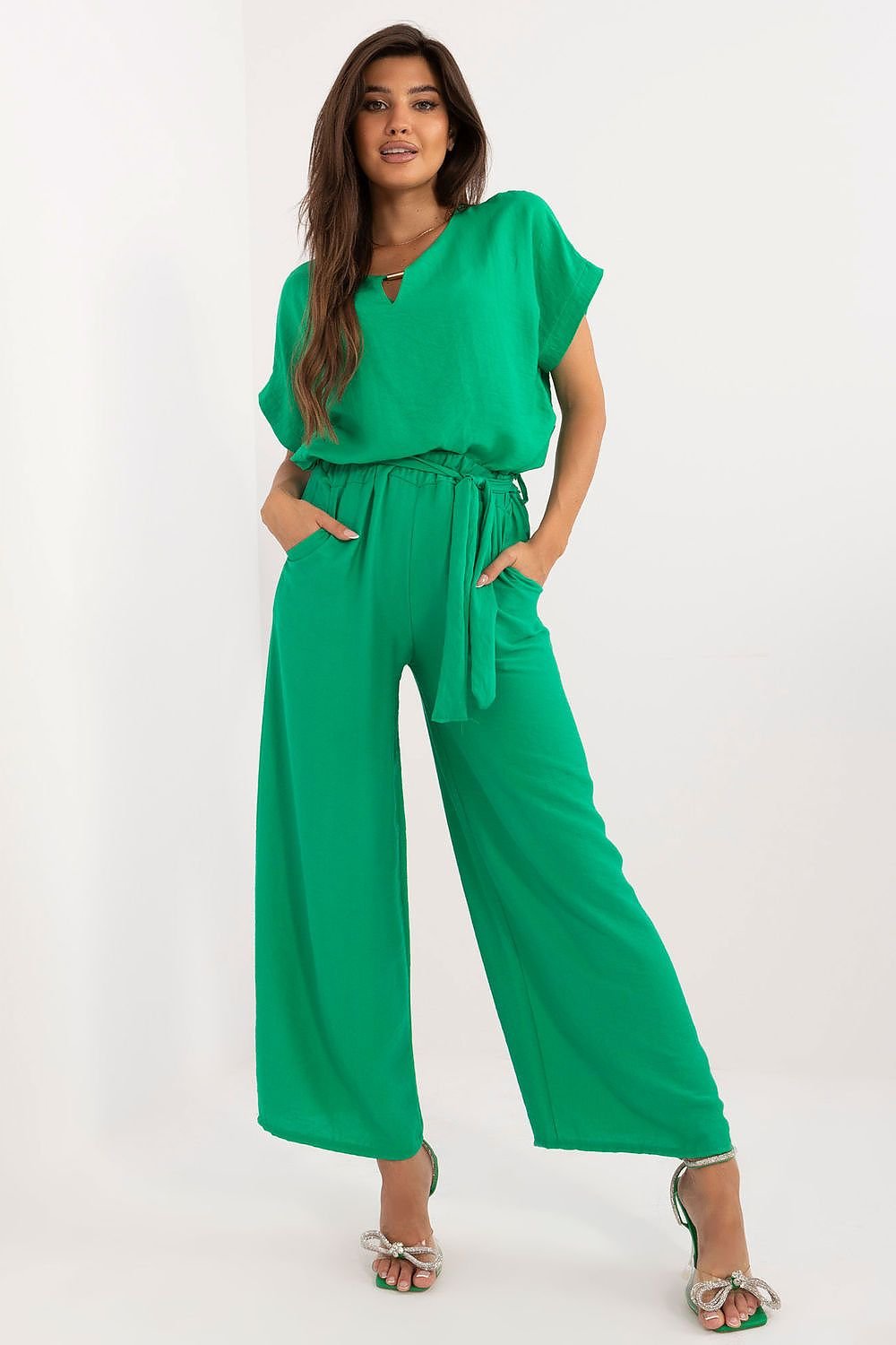 TEEK - Belted Necklace Top Pocketed Pants Set SET TEEK MH green  