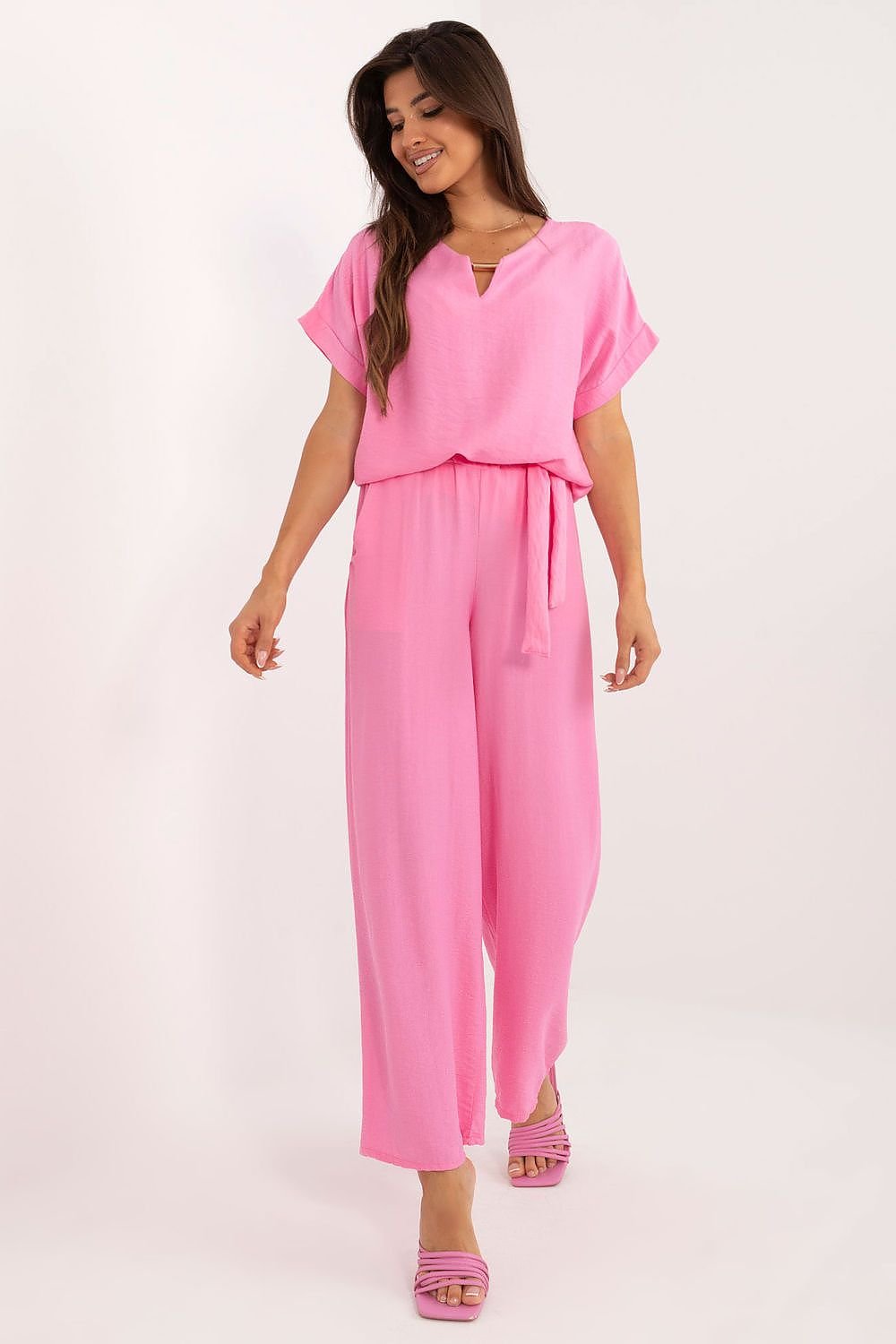 TEEK - Belted Necklace Top Pocketed Pants Set SET TEEK MH pink  