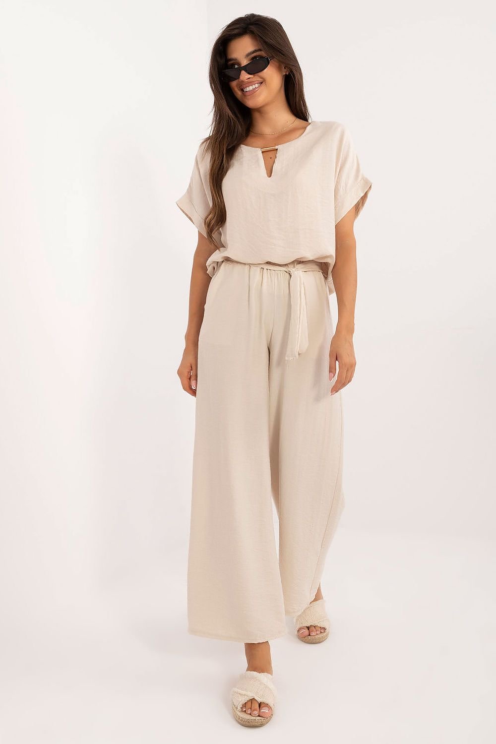 TEEK - Belted Necklace Top Pocketed Pants Set SET TEEK MH beige  