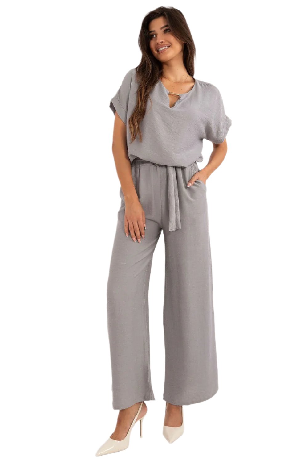 TEEK - Belted Necklace Top Pocketed Pants Set SET TEEK MH grey  