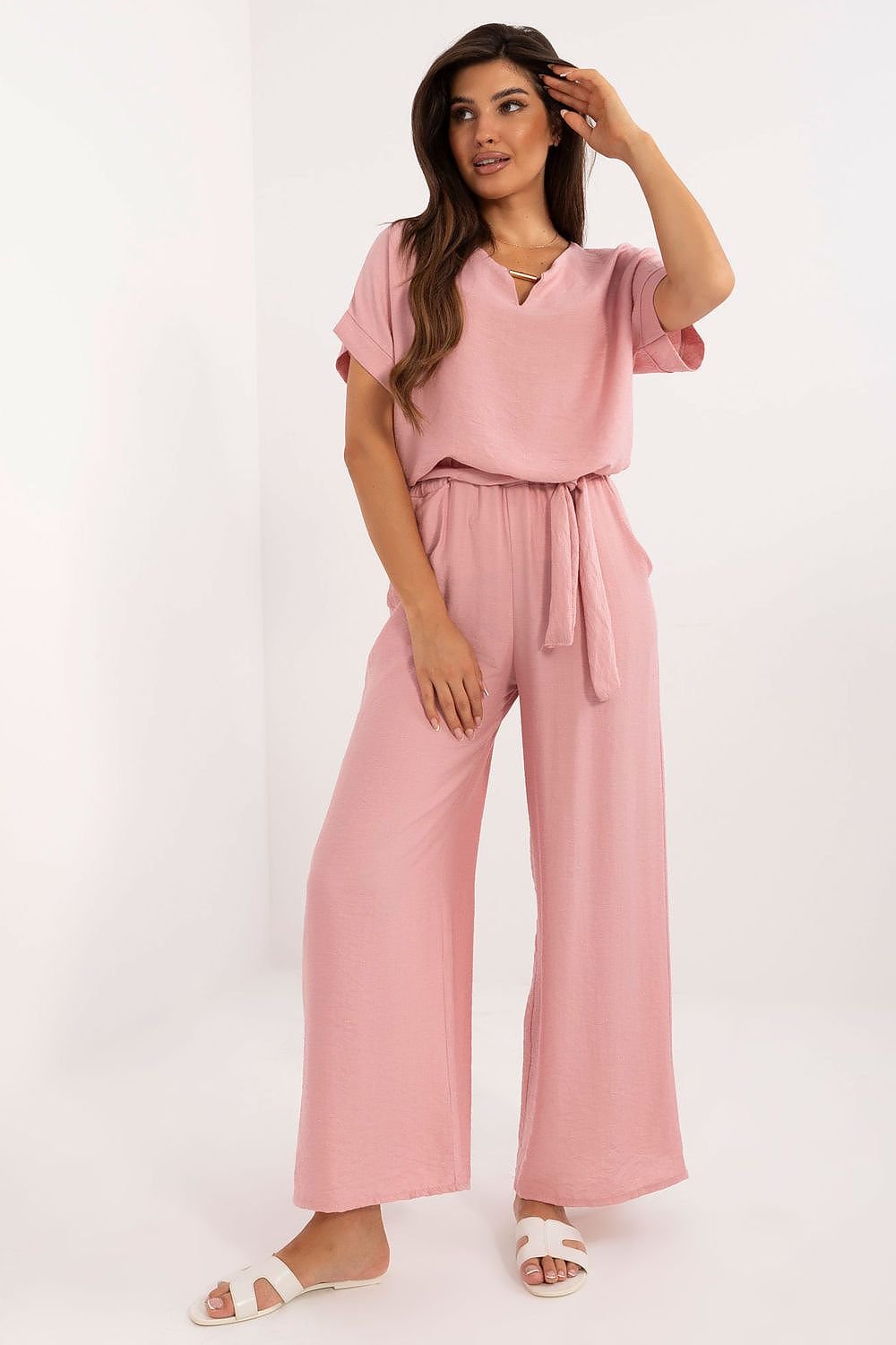 TEEK - Belted Necklace Top Pocketed Pants Set SET TEEK MH pink 2  