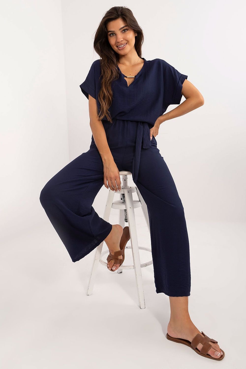 TEEK - Belted Necklace Top Pocketed Pants Set SET TEEK MH navy blue  