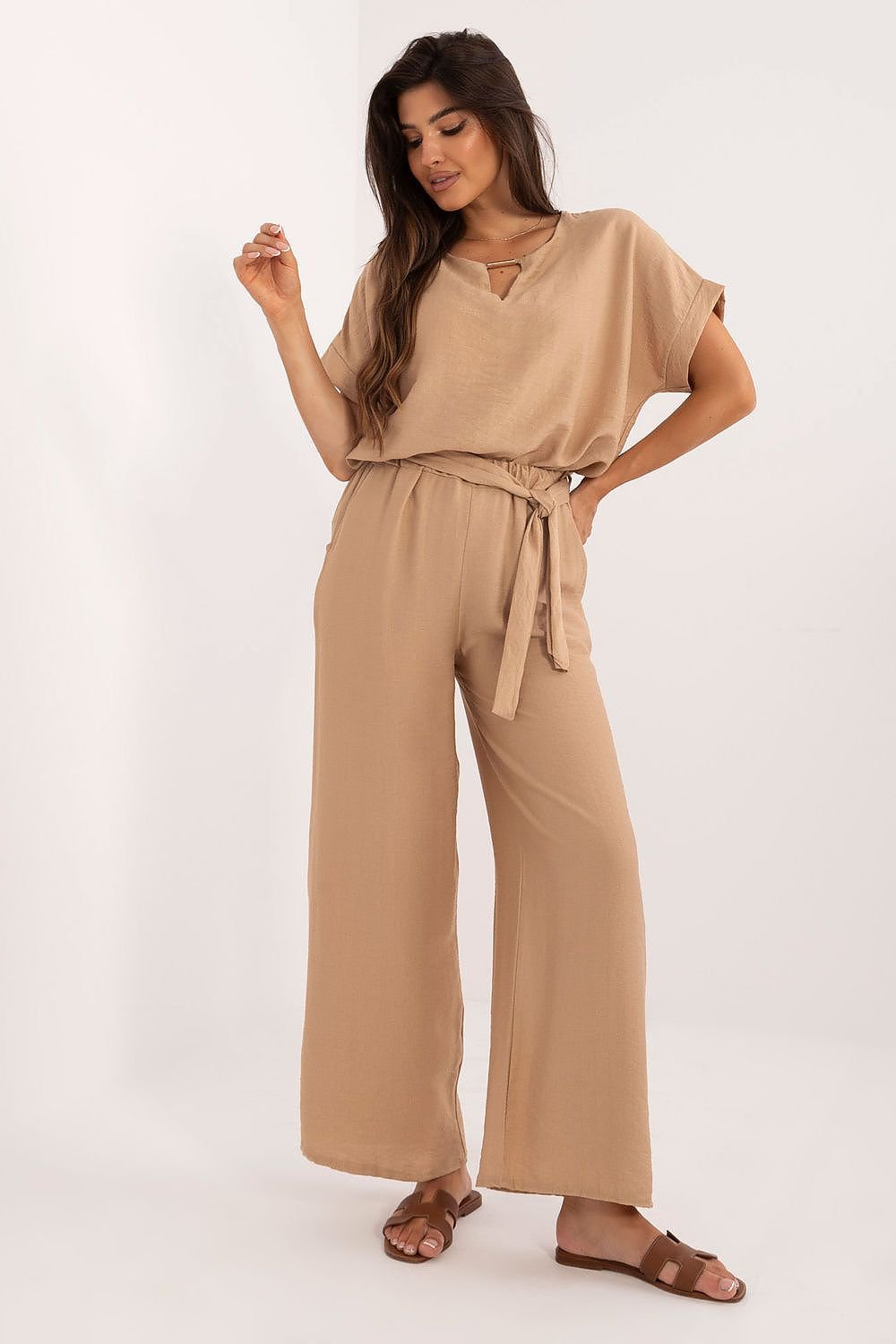 TEEK - Belted Necklace Top Pocketed Pants Set SET TEEK MH beige 3  