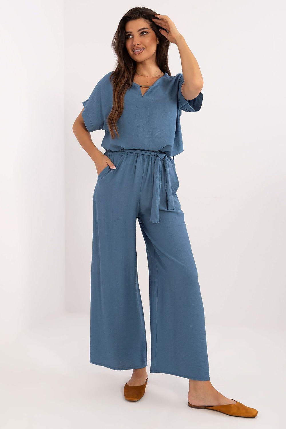 TEEK - Belted Necklace Top Pocketed Pants Set SET TEEK MH blue 2  