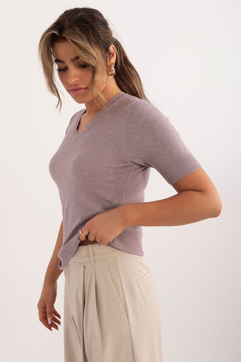 TEEK - High V-Neck Short Sleeve Sweater TOPS TEEK MH   