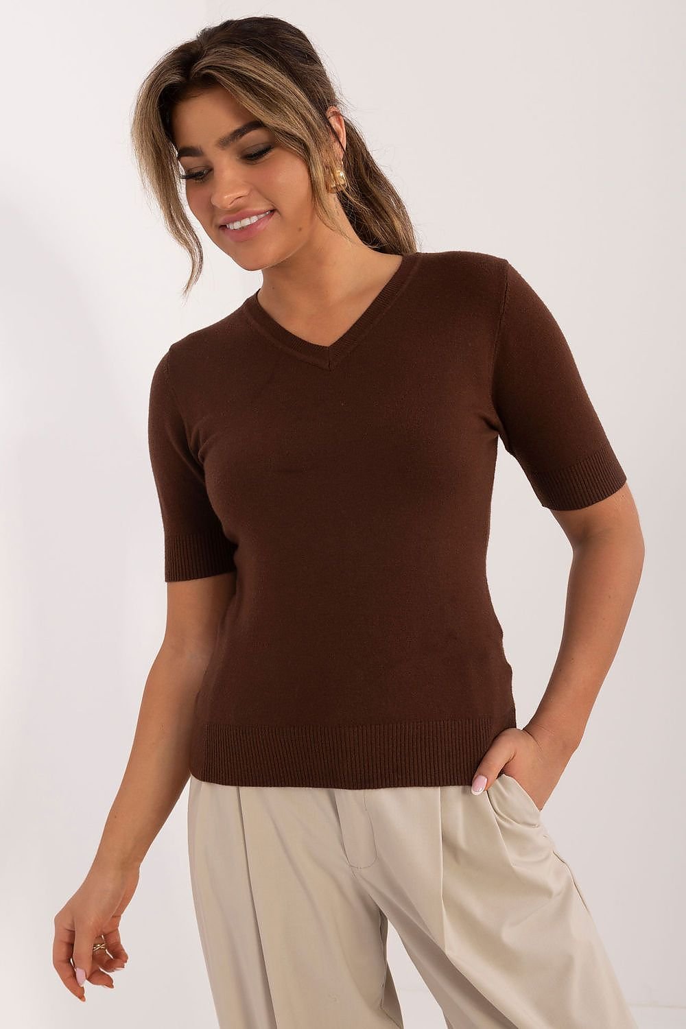 TEEK - High V-Neck Short Sleeve Sweater TOPS TEEK MH brown S/M 