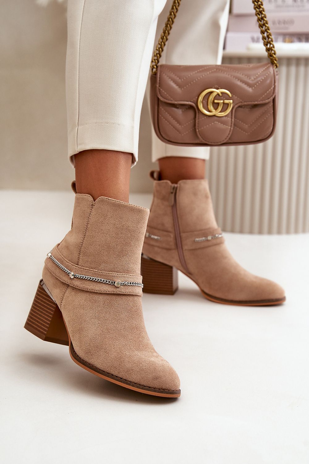 TEEK - Chained Accent Suede Heeled Ankle Boots SHOES TEEK MH beige 6.5 