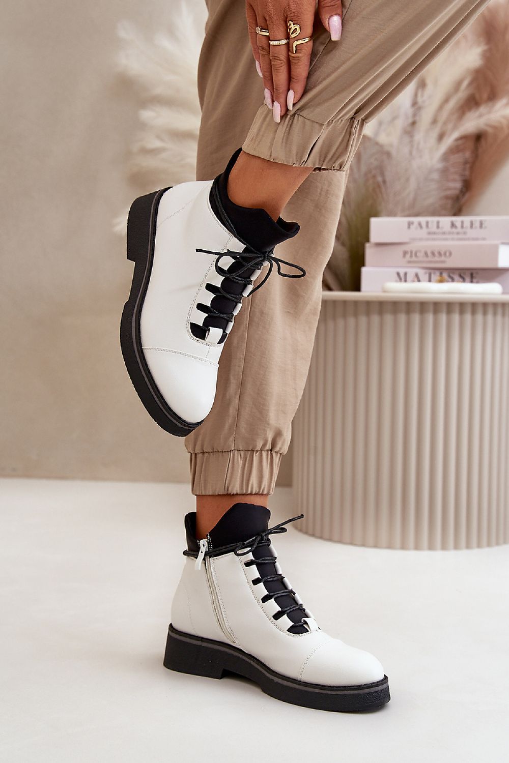 TEEK - White Laced Up Contrast Boots SHOES TEEK MH   