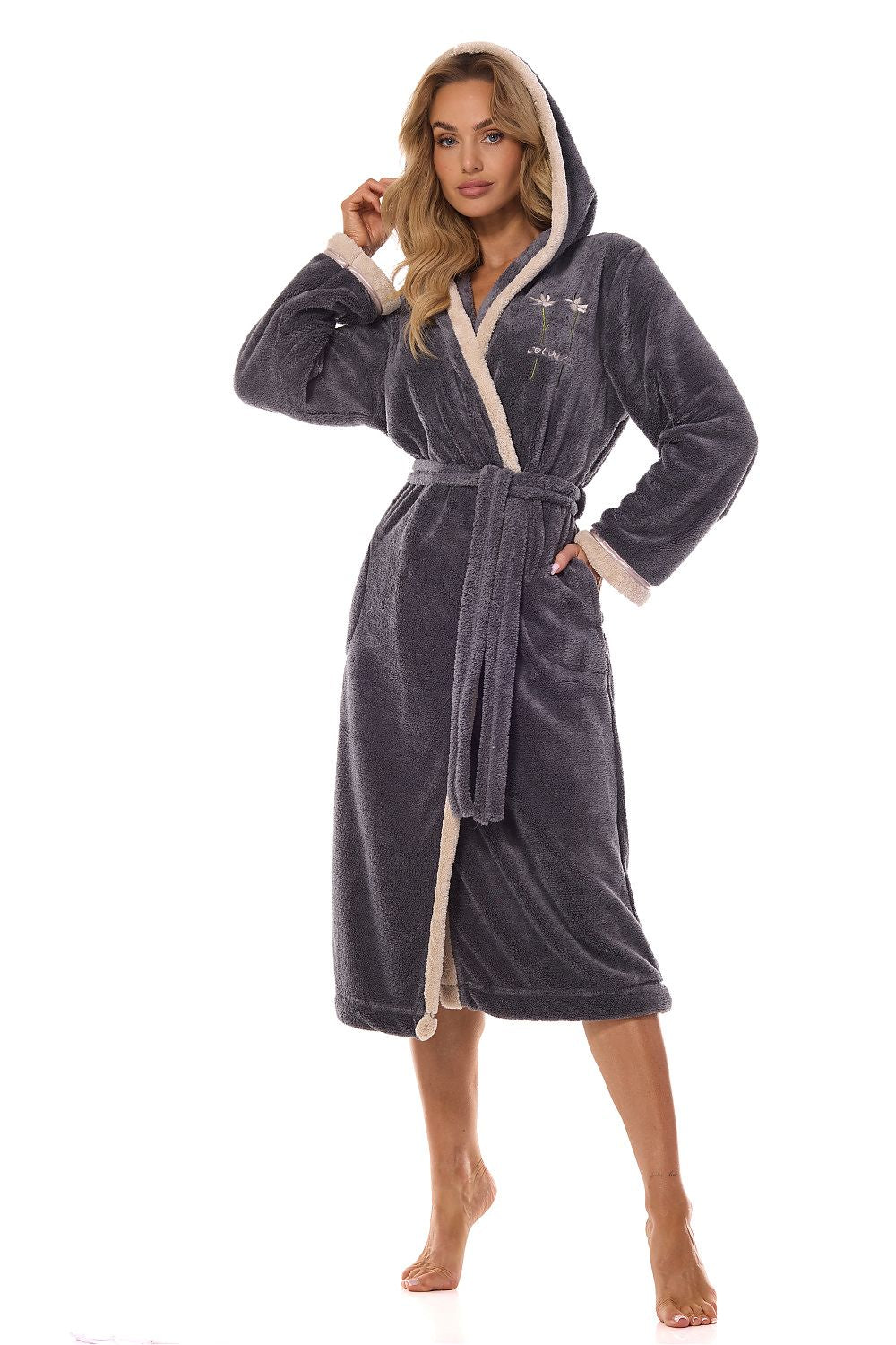 TEEK - Grey Hooded Contrast Trim Bathrobe ROBE TEEK MH   