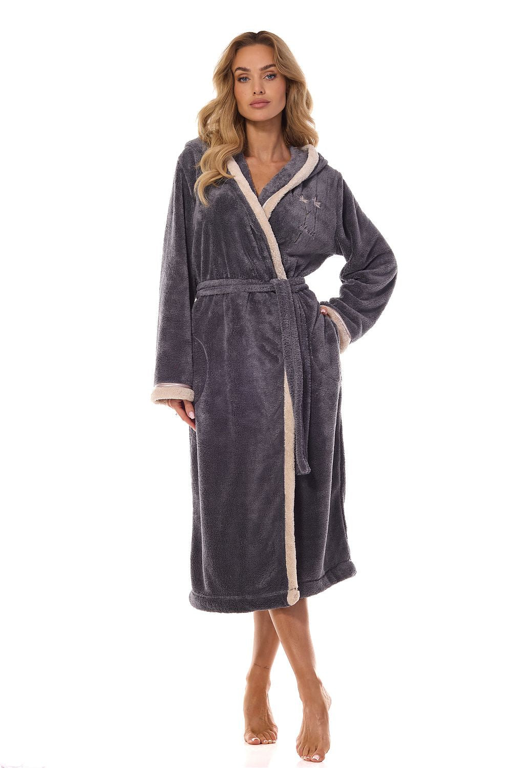 TEEK - Grey Hooded Contrast Trim Bathrobe ROBE TEEK MH M  