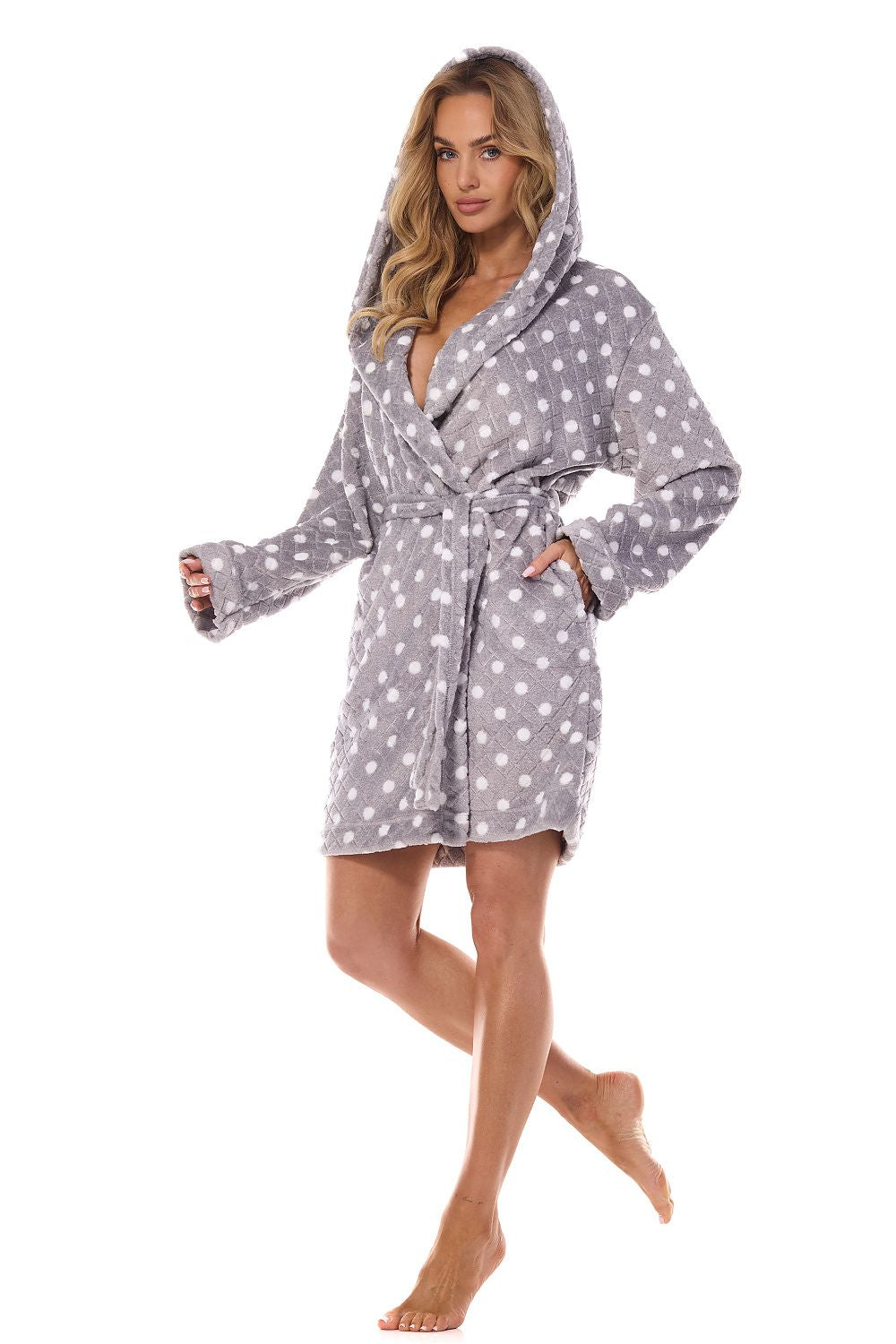 TEEK - Grey Polka-Dot Hooded Pocketed Short Bathrobe ROBE TEEK MH S  