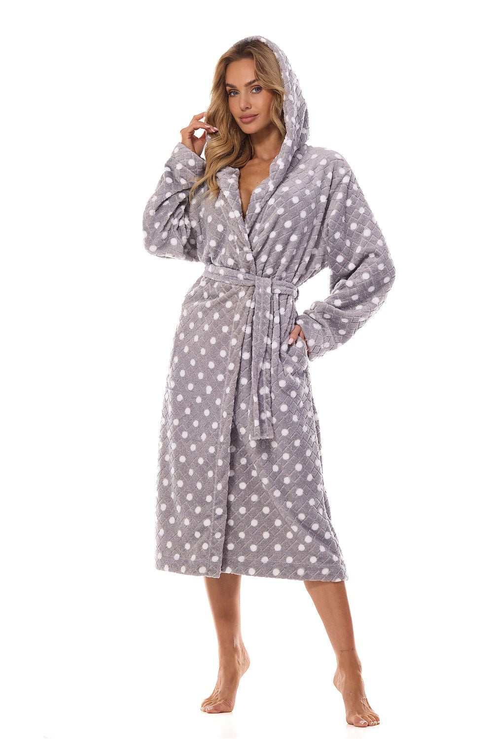 TEEK - Grey Polka-Dot Hooded Pocketed Bathrobe ROBE TEEK MH   