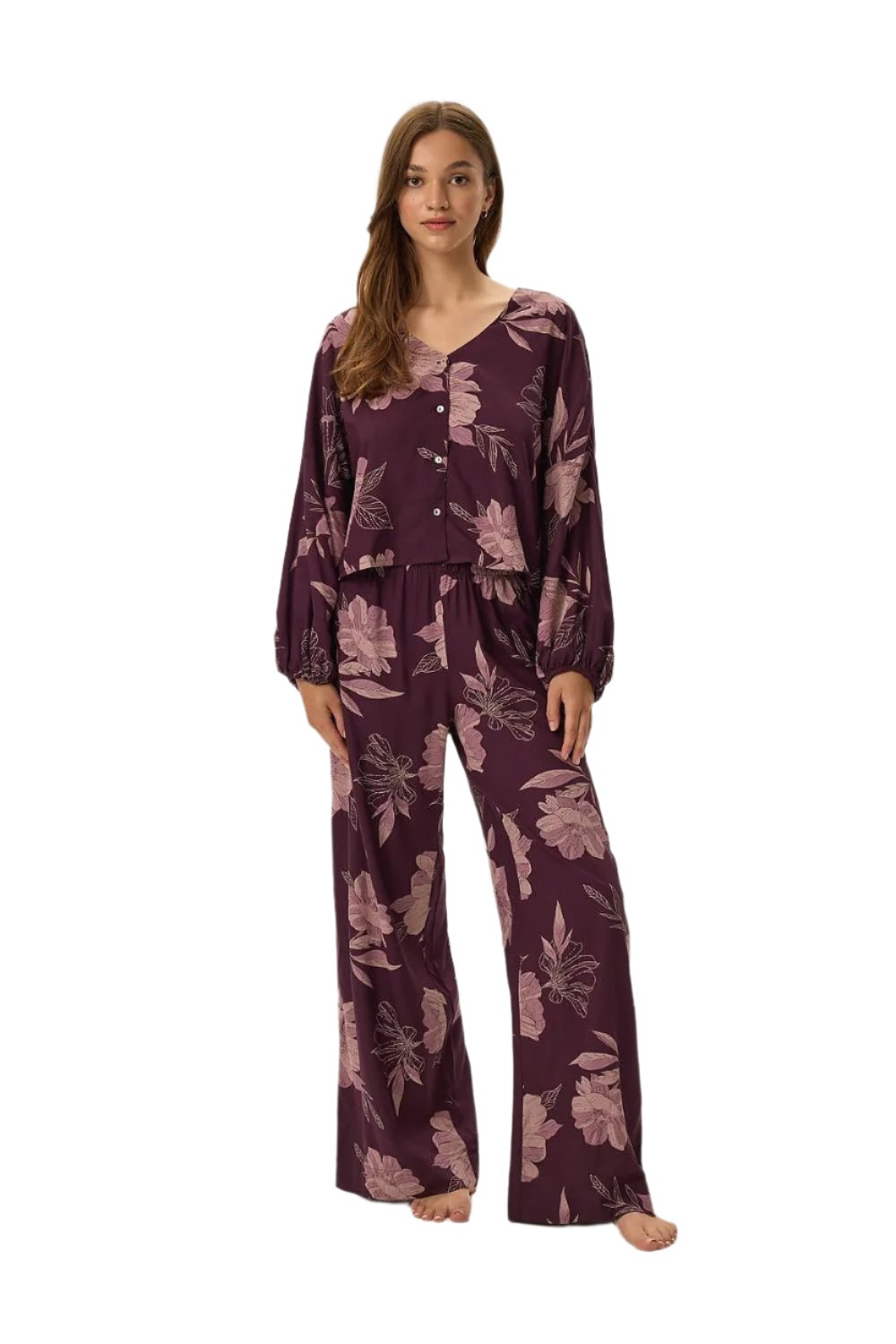 TEEK - Floral Button Top Pants Pyjama Set SLEEPWEAR TEEK MH violet S 