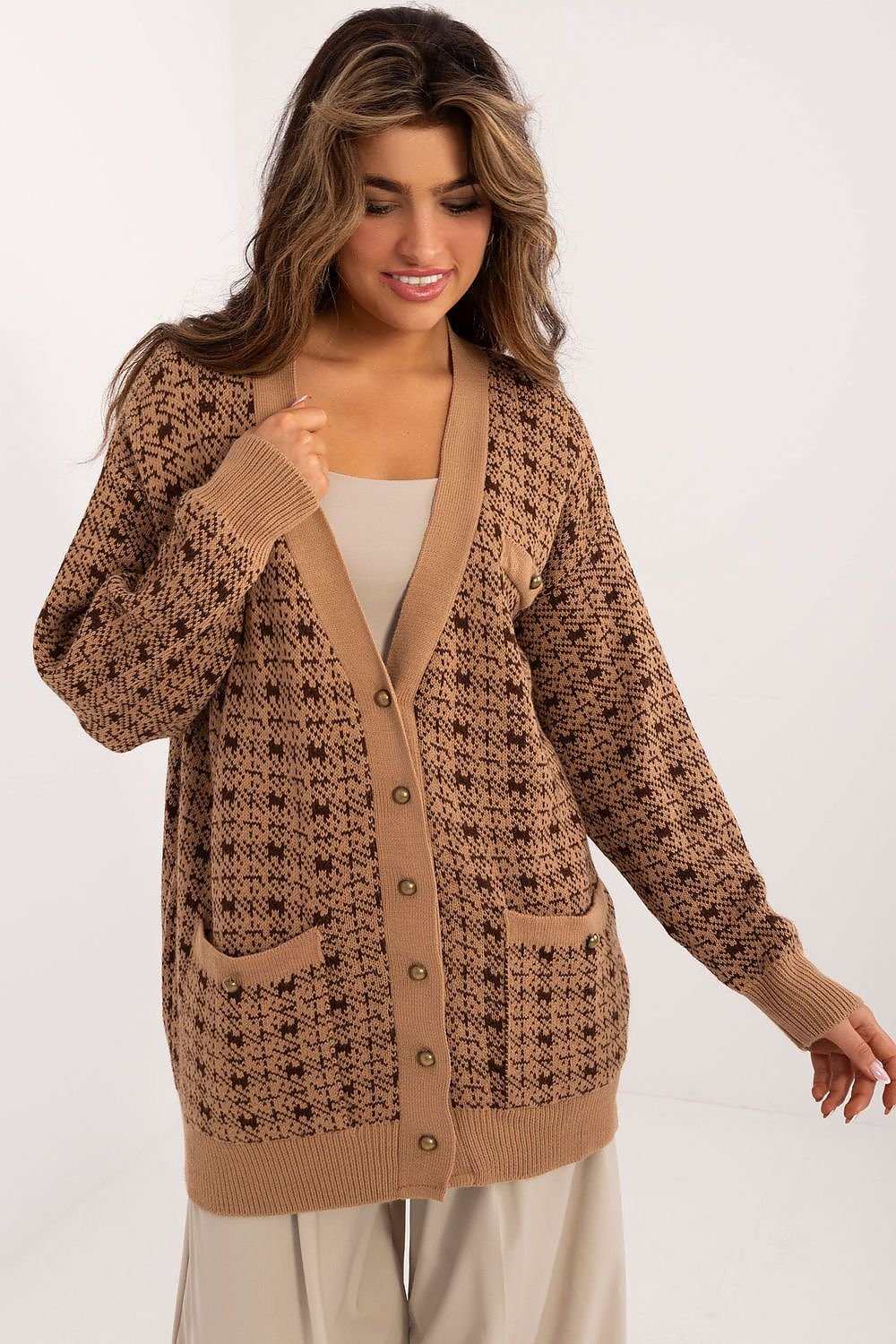 TEEK - Prep Style Pocketed Button Up Houndstooth Cardigan SWEATER TEEK MH brown One Size 