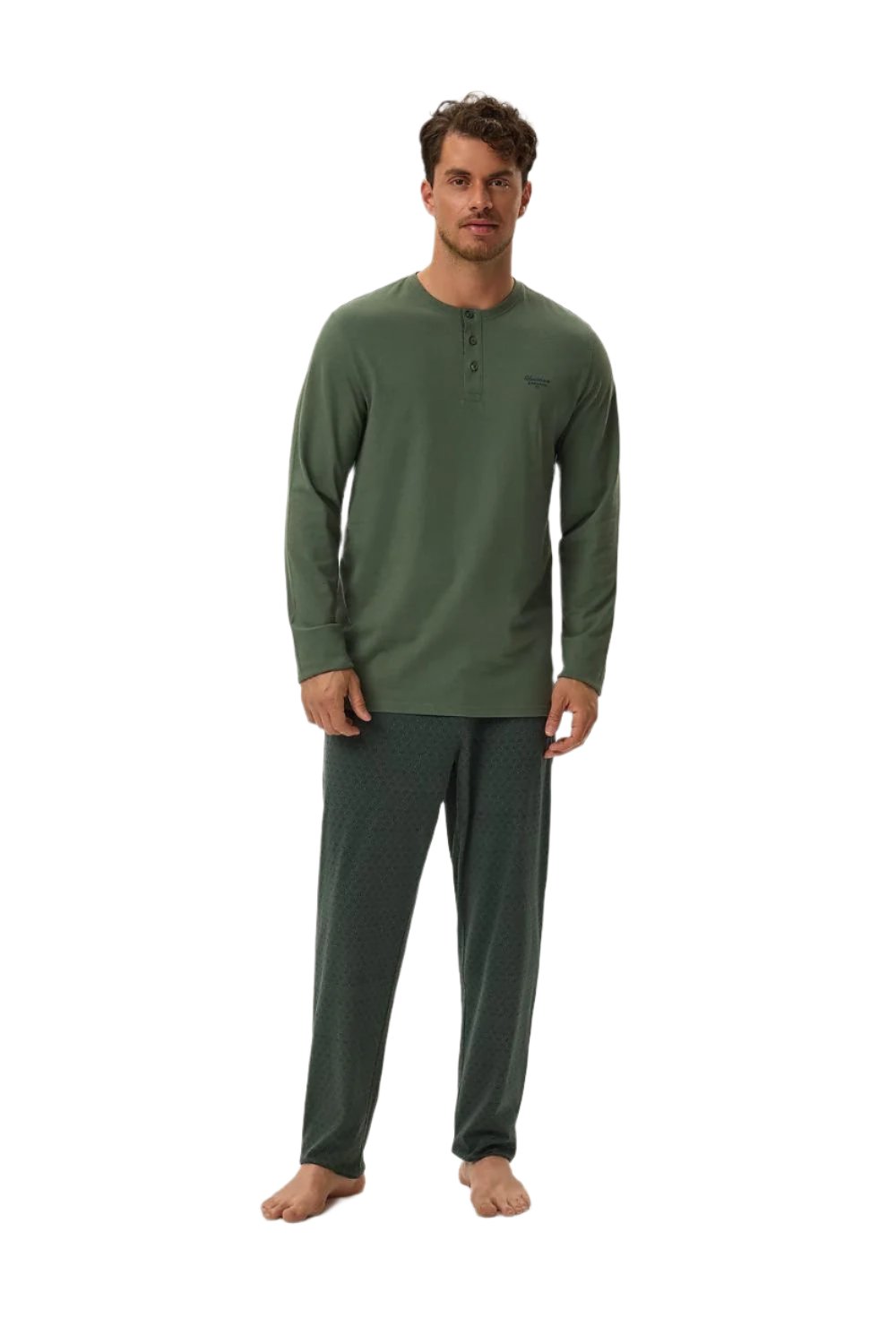 TEEK - Mens Chest Button Long Sleeve Top Pants Pajama Set SLEEPWEAR TEEK MH green M 