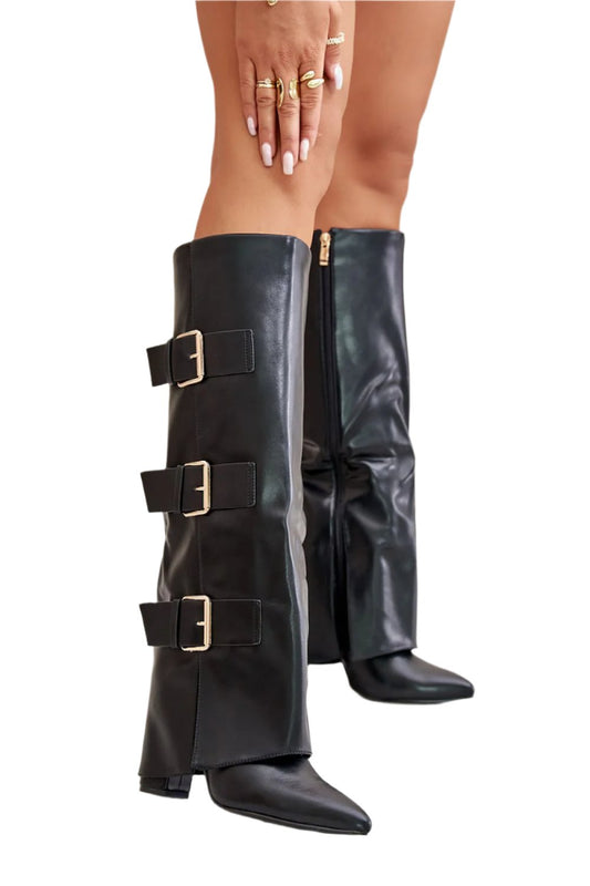 TEEK - Black Three Buckle Leg Long Shaft Heeled Boots SHOES TEEK MH   