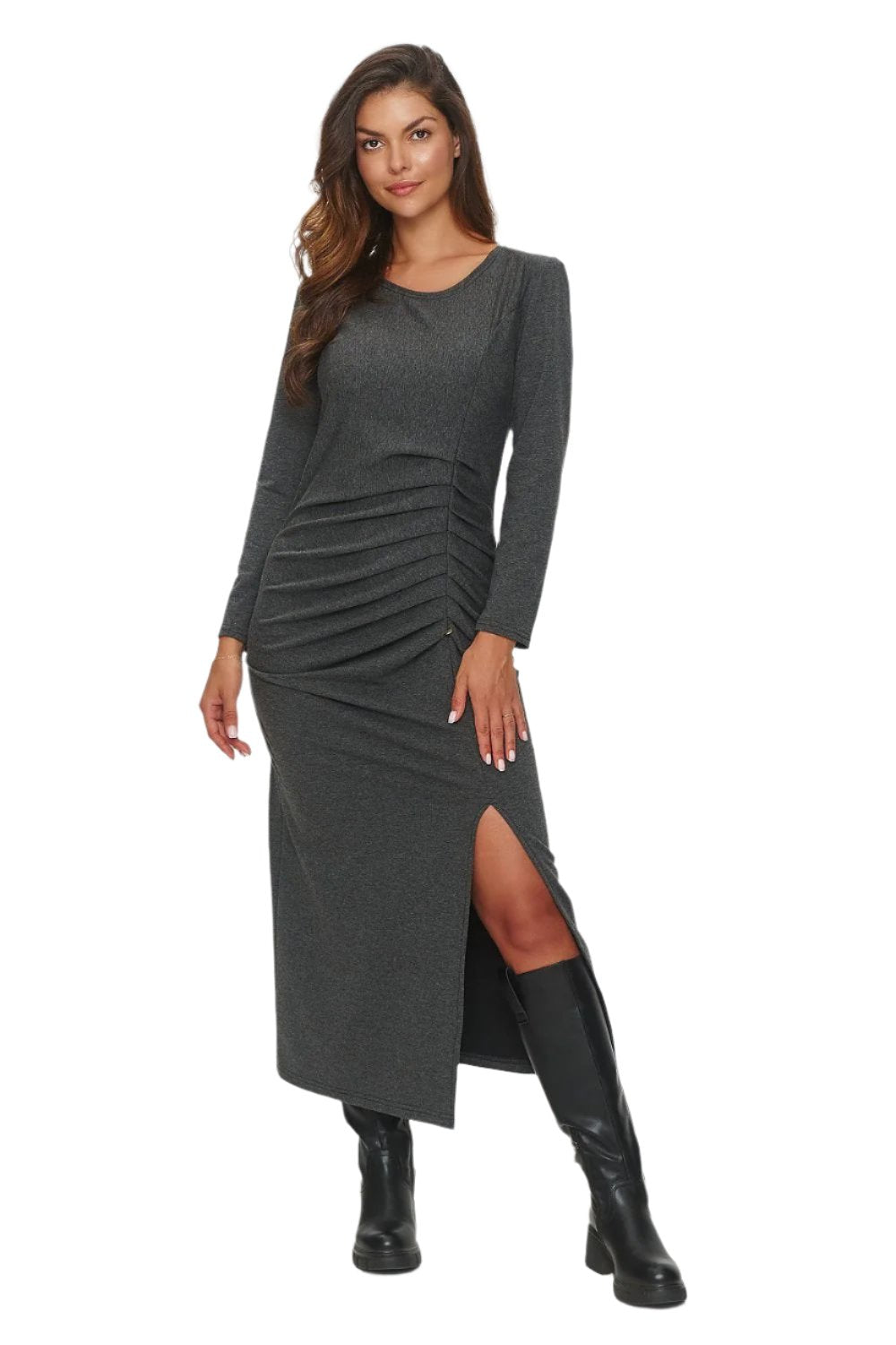 TEEK - Pleated Front Hip Slit Dress DRESS TEEK MH grey XS 36 