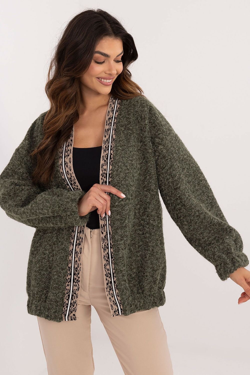 TEEK - Decorated Trim Comfort Cardigan SWEATER Theteekdotcom green One Size 