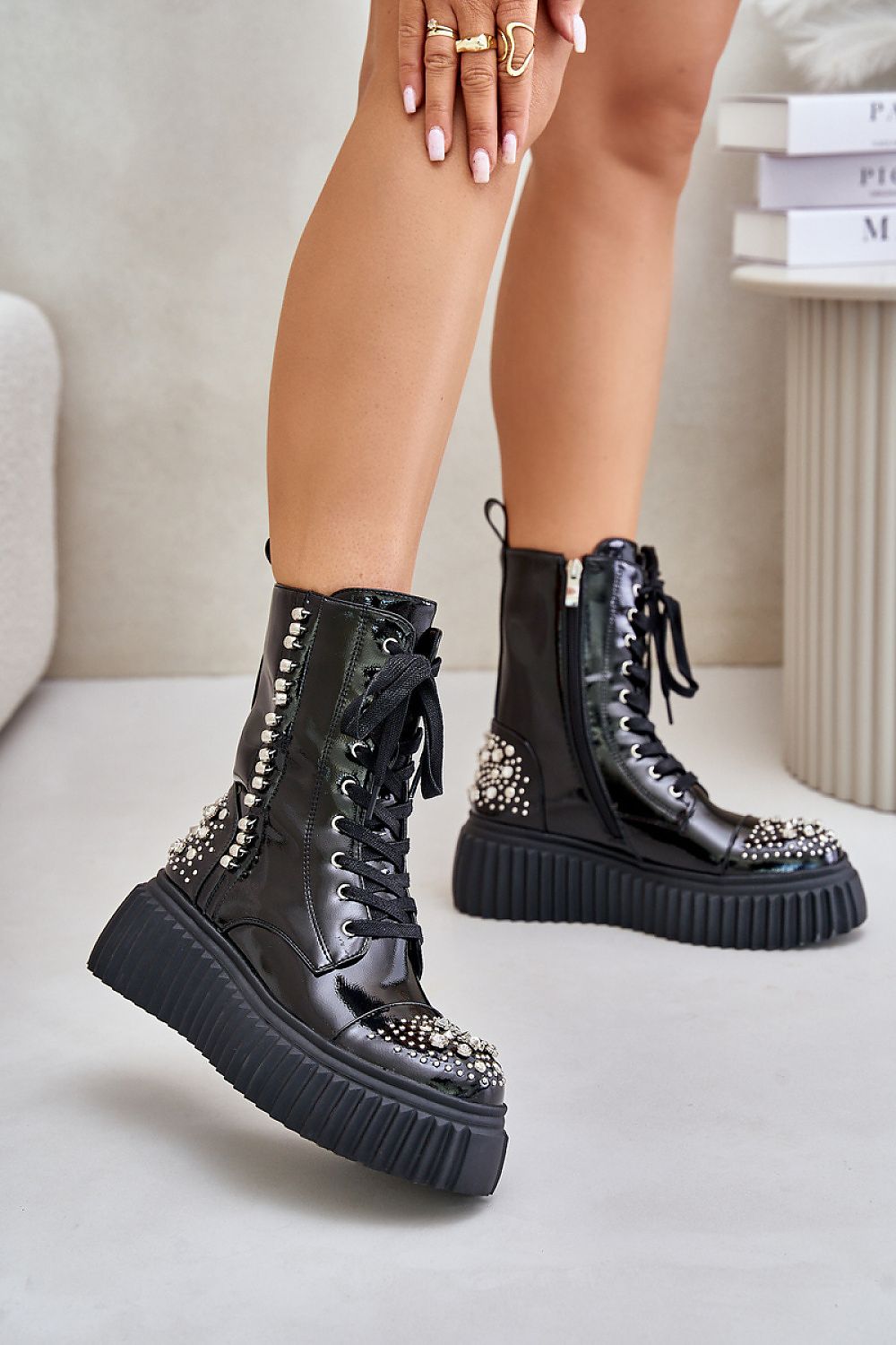 TEEK - Black Bedazzled Laced Boots SHOES TEEK MH   