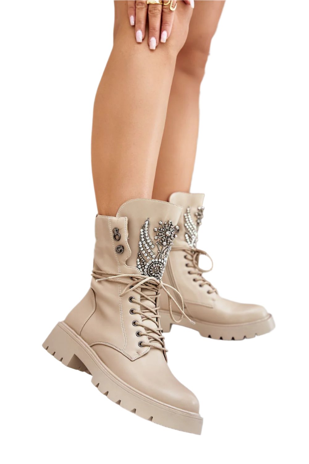 TEEK - Bejeweled Tougue Laced Boots SHOES TEEK MH beige 7.5 